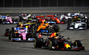 BAHRAIN, BAHRAIN - NOVEMBER 29: Max Verstappen of the Netherlands driving the (33) Aston Martin Red Bull Racing RB16 leads a line of cars on track during the F1 Grand Prix of Bahrain at Bahrain International Circuit on November 29, 2020 in Bahrain, Bahrain